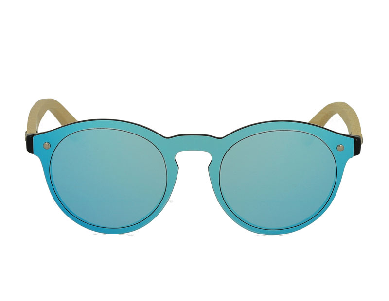 Integrated Oval Mirror Lens Plastic Sunglasses with Bamboo Temples