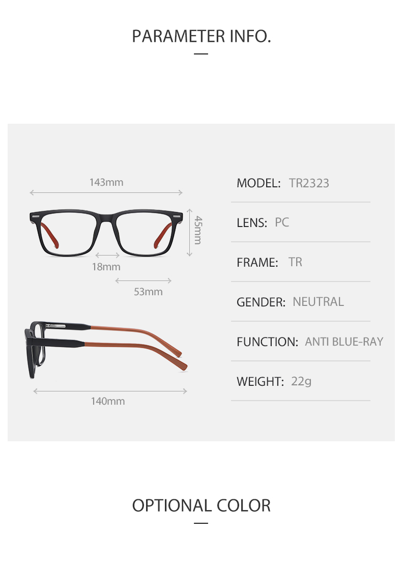 Classic Rectangle Optical frame TR90 Eyeglasses Spring Hinge Eyewear