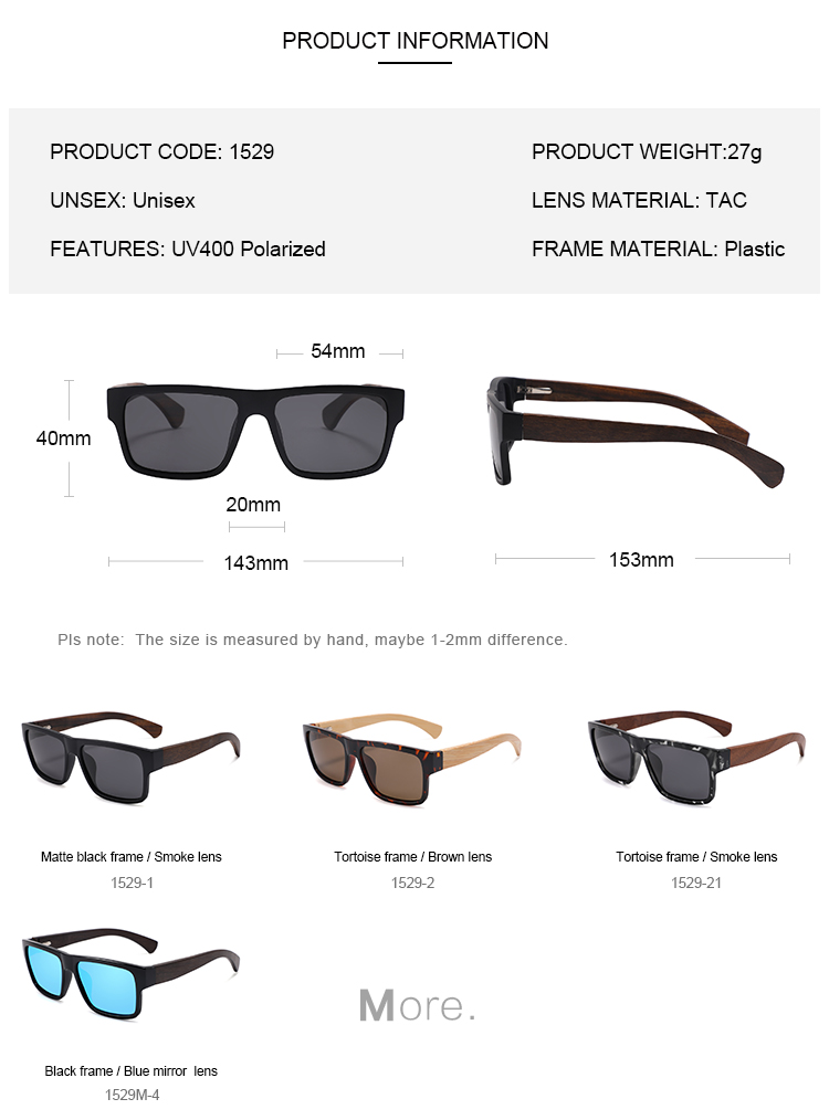 Unisex Rectangle Natural Bamboo Wood Hand Made UV400 Polarized Sunglasses