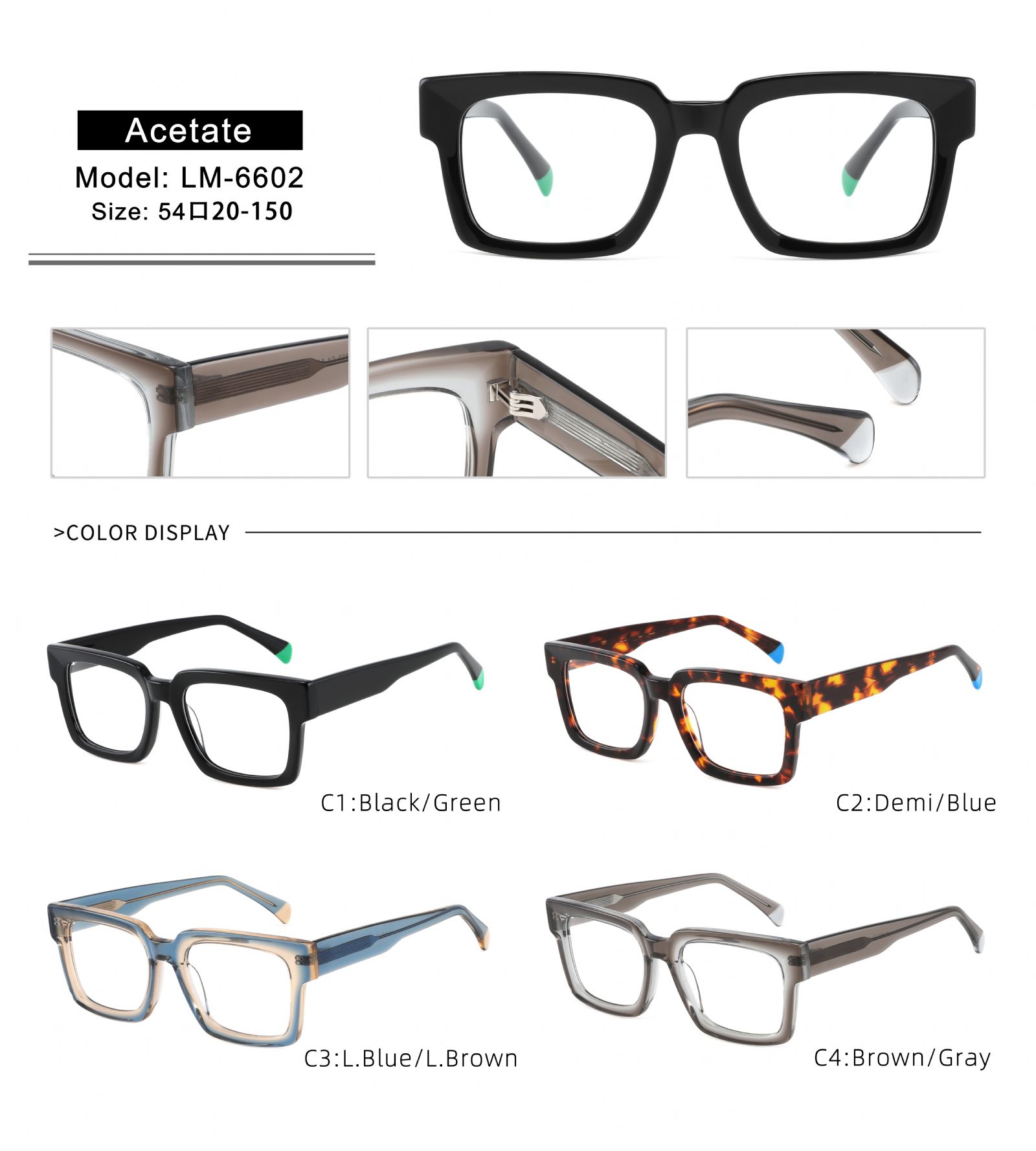 Thick Square Style Acetate Eyewear 3+2 Hinge