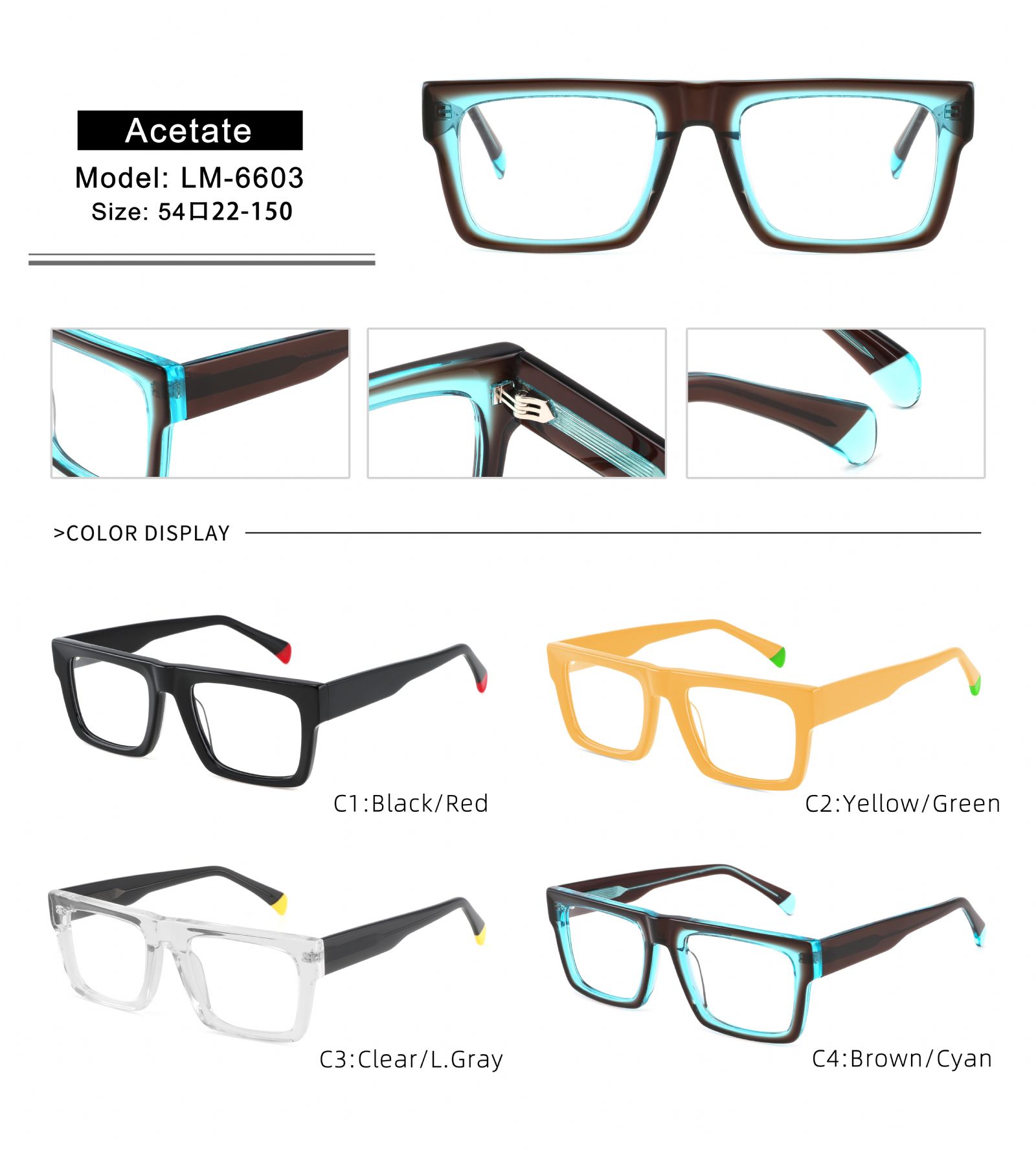 Thick Square Style Acetate Eyewear 3+2 Hinge