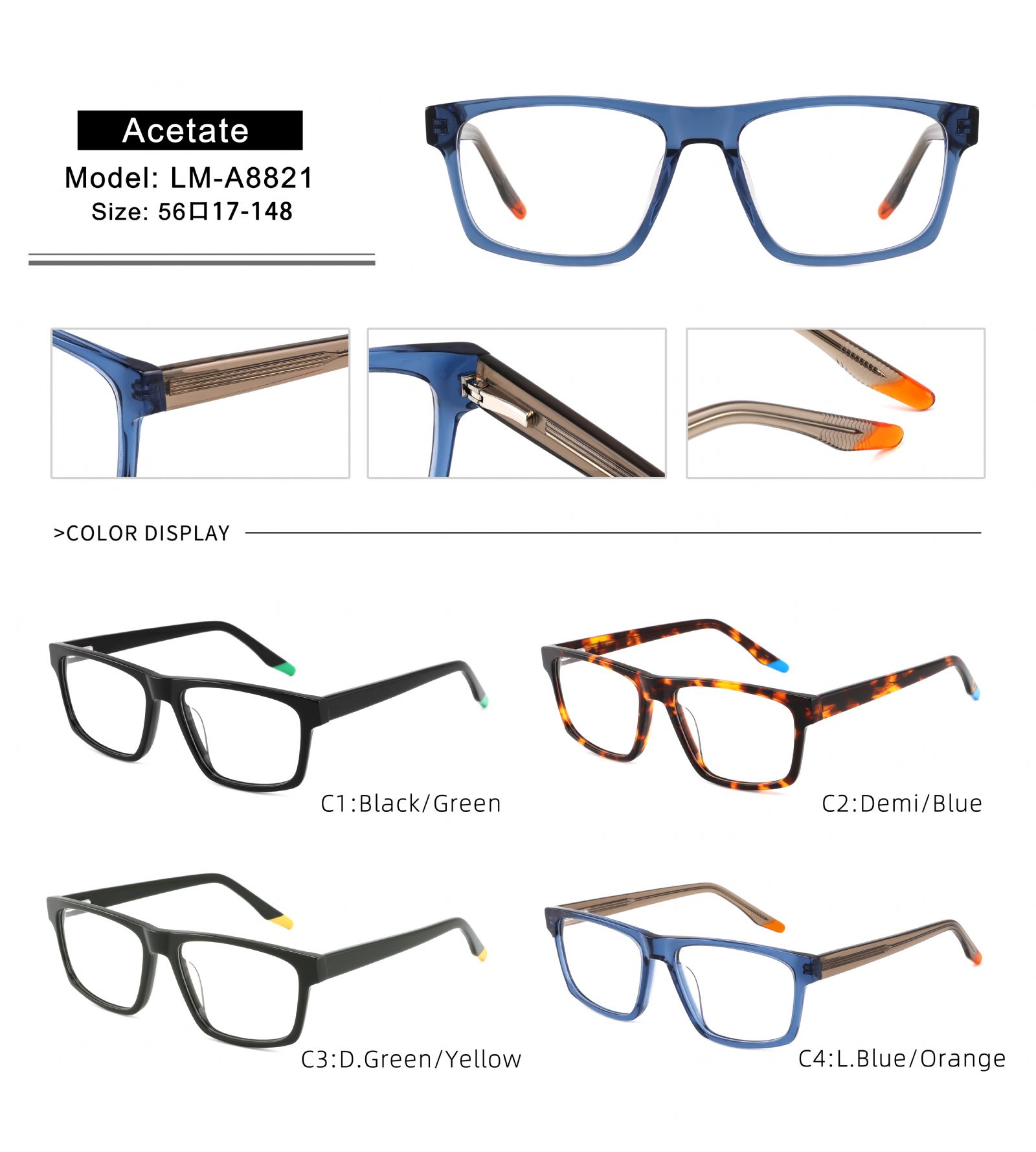 Sports Style Acetate Eyewear Spring Hinge