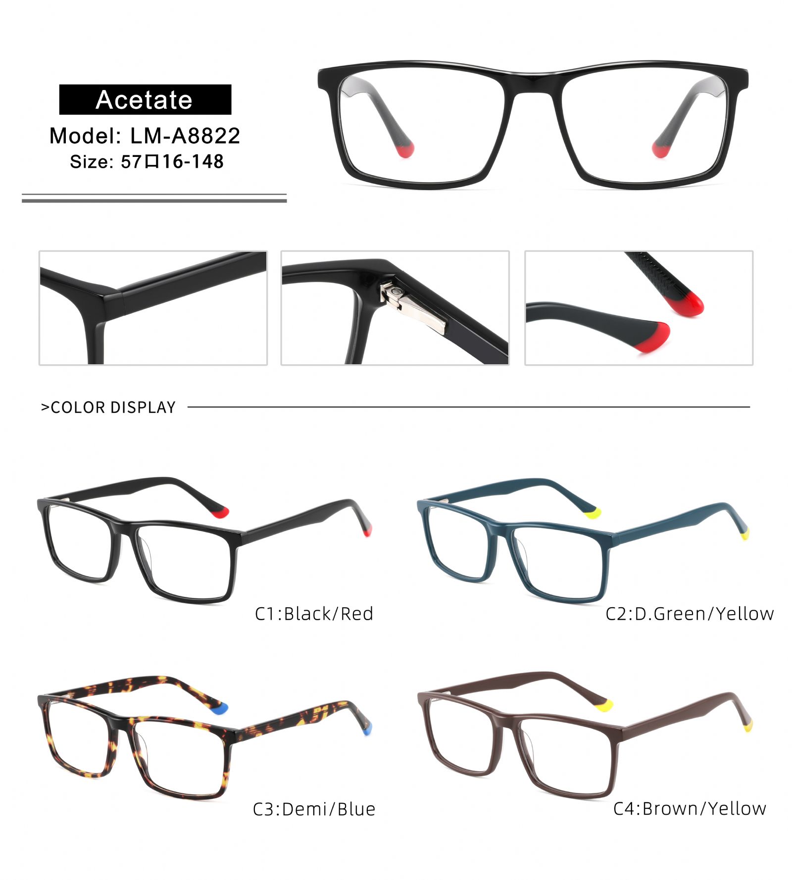 Sports Style Acetate Eyewear Spring Hinge