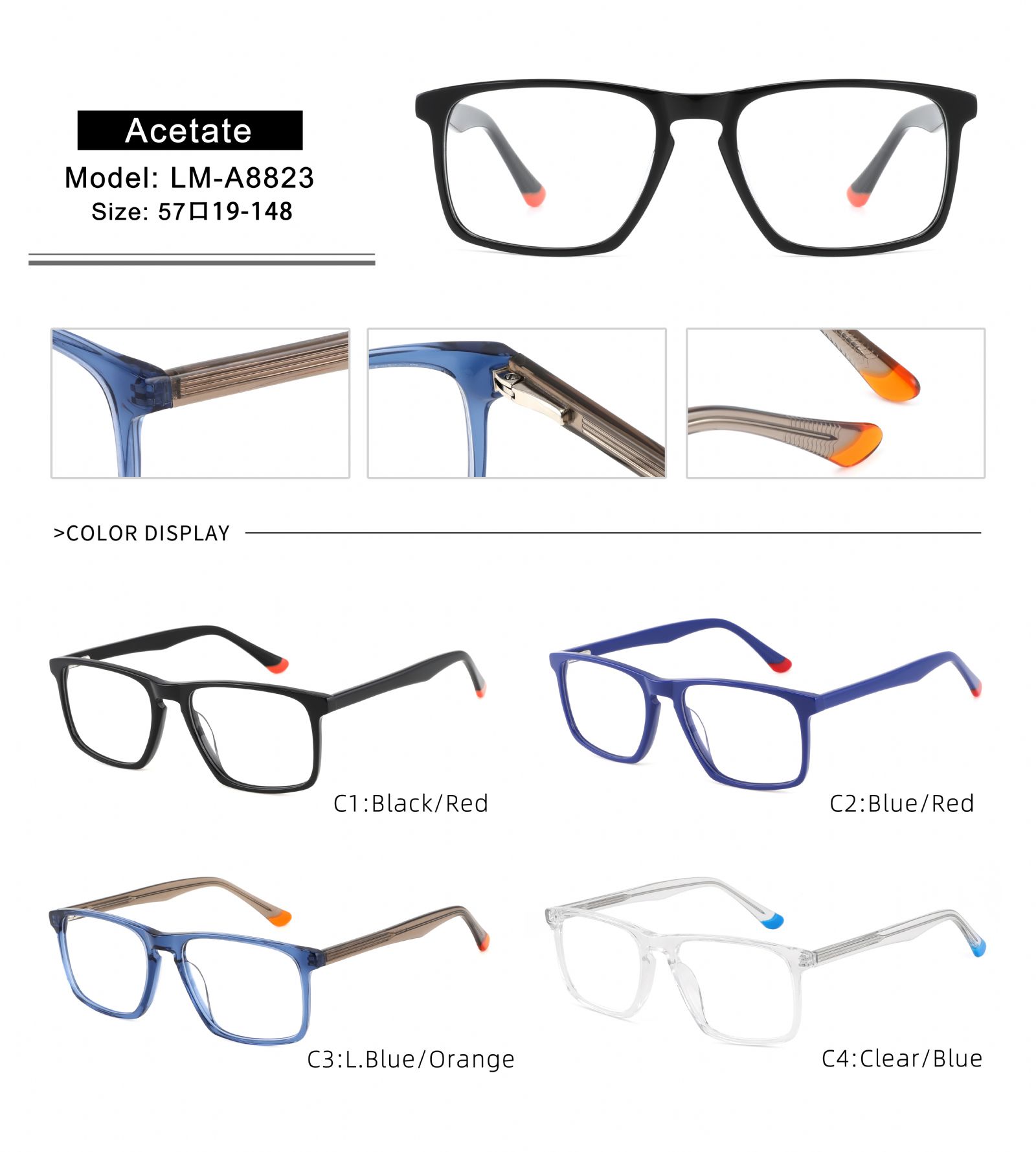 Sports Style Acetate Eyewear Spring Hinge