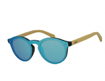 Integrated Oval Mirror Lens Plastic Sunglasses with Bamboo Temples